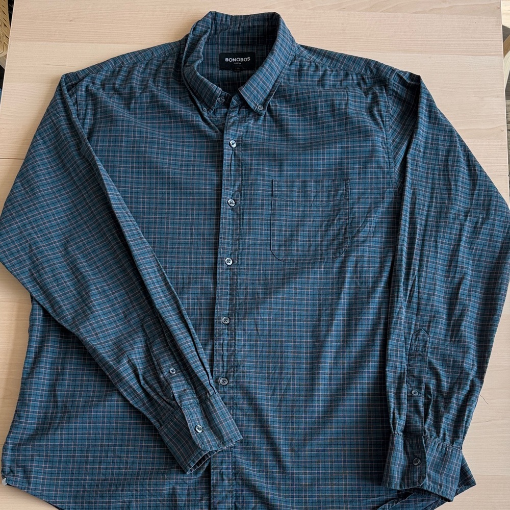 Bonobos Men's Teal, Black, and Orange Checkered Shirt - Size XXL